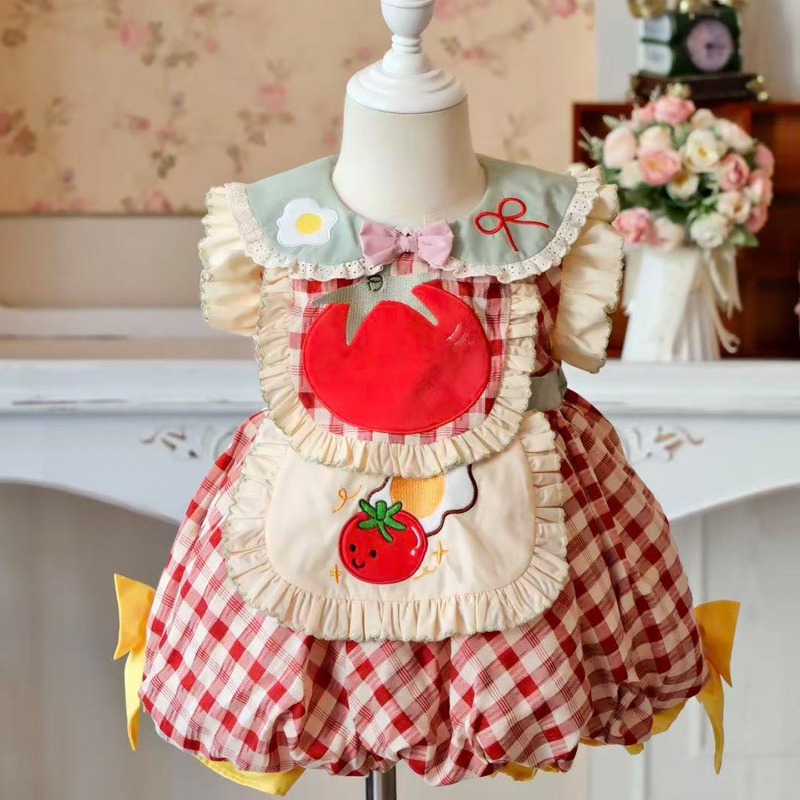 Embroidery Apron - Cottagecore Çocuklar Lolita Elbise Kırmızı Ekose