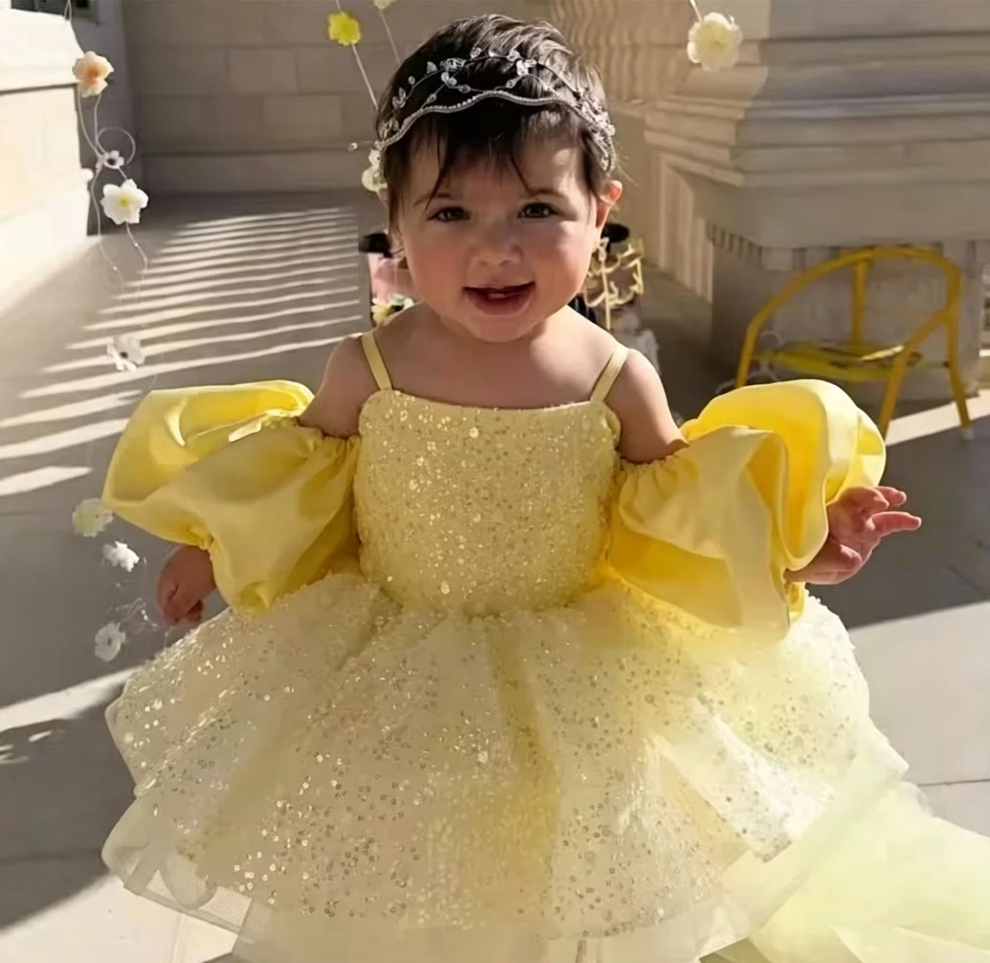 Embroidery Yellow Dress - Sevimli Sarı Çiçek Kız Elbiseleri Düğün
