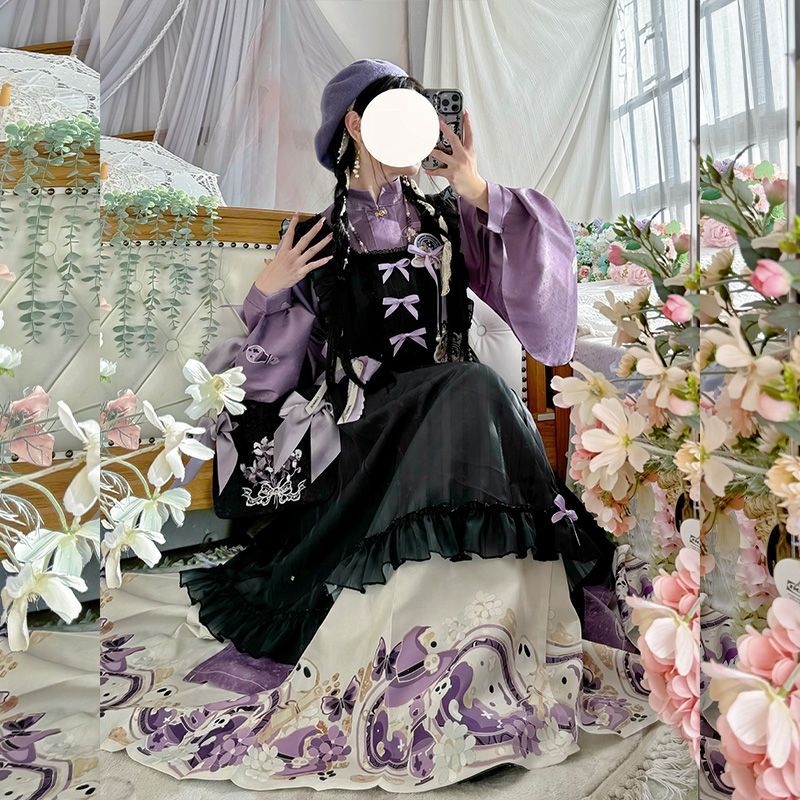 Embroidery Apron - Tatlı Çin Standı Yaka Mor Uzun
