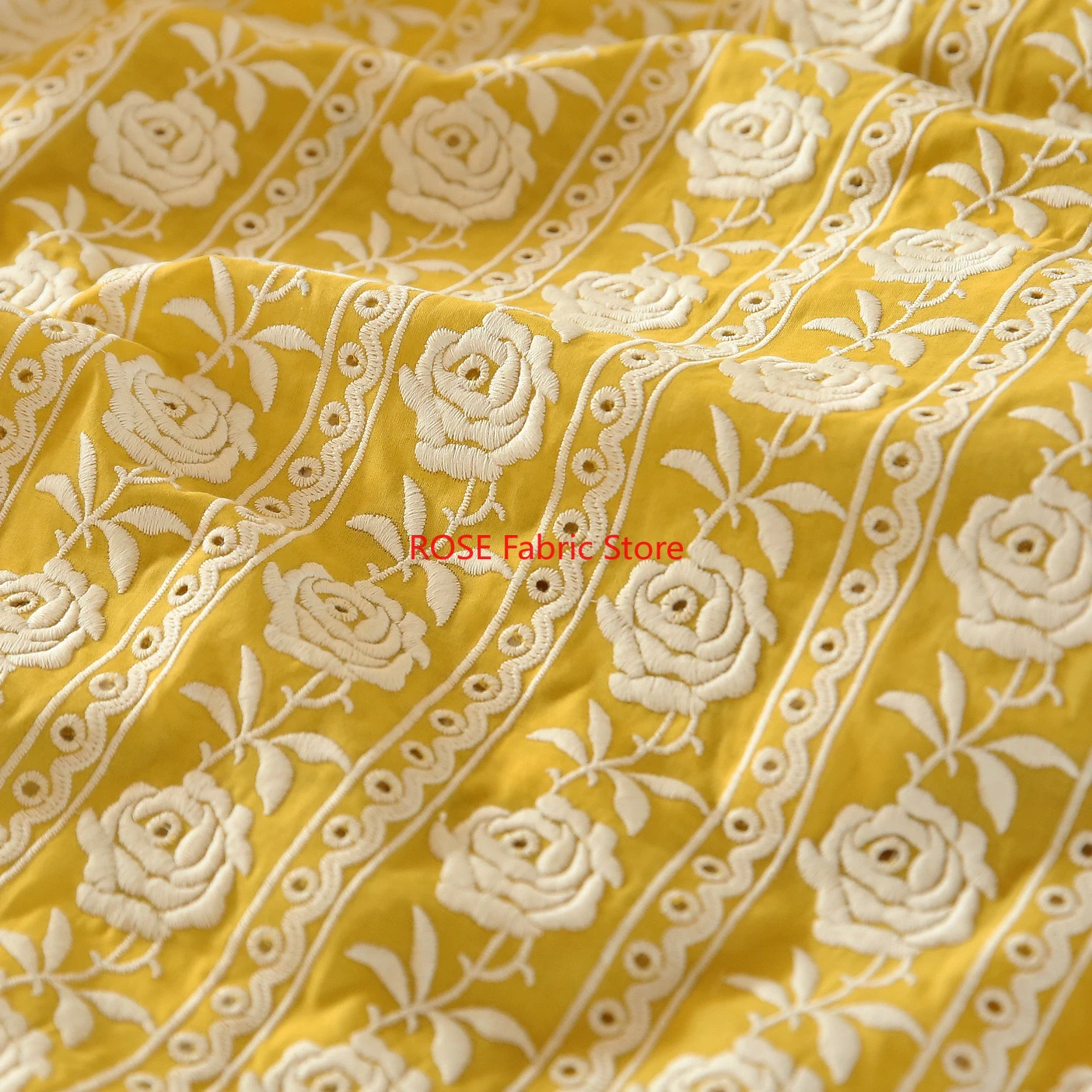 Embroidery Yellow Dress - Fransız Pamuklu Sarı Gül Ağır İşlemeli