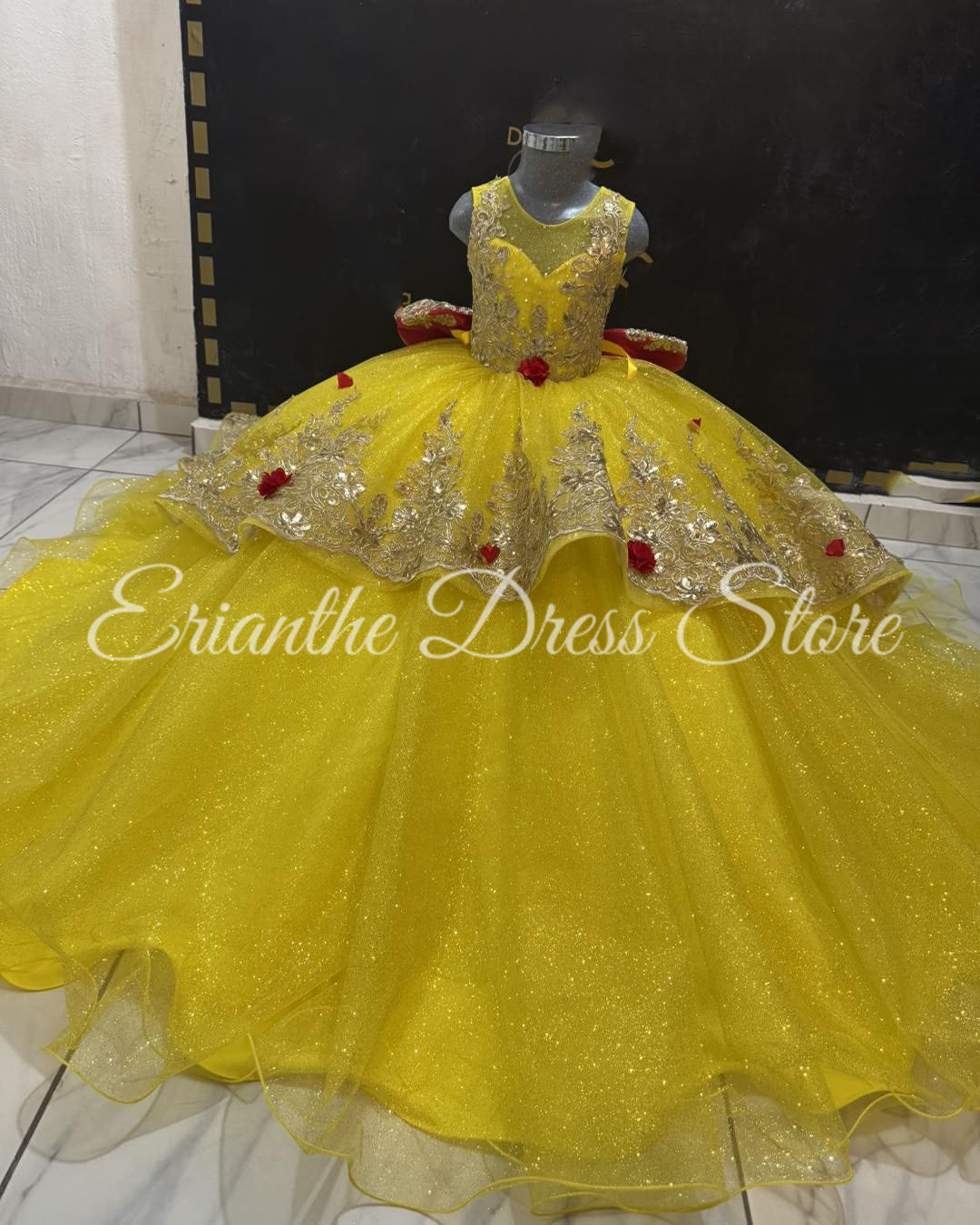 Embroidery Yellow Dress - Sarı Çiçek Kız Elbise Düğün Için