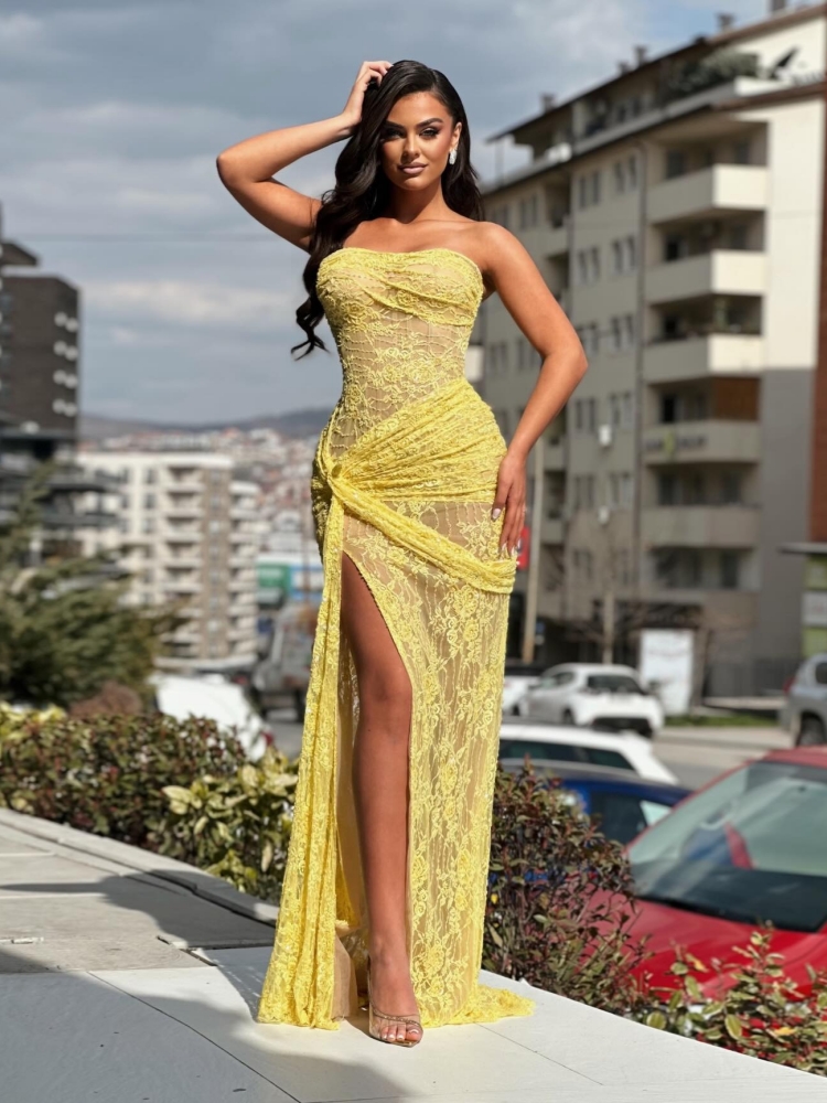 Embroidery Yellow Dress - Sarı Denizkızı Dantel İşlemeli Mezuniyet Elbiseleri