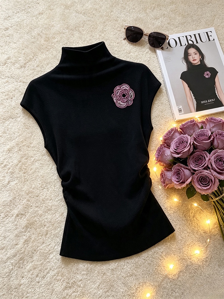 Şık Siyah Yüksek Yaka Kolsuz T - Embroidery Tshirt incelemesi ve fiyatı